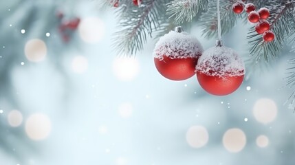 Fototapeta na wymiar Festive Winter Holidays: Christmas and New Year Concept with Balls on Snowy Fir Branches