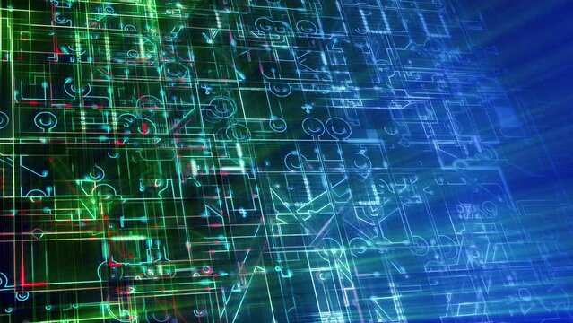 Abstract electronic circuits loop. Technology background animation. Stylized circuit boards, depicting computers, networks.