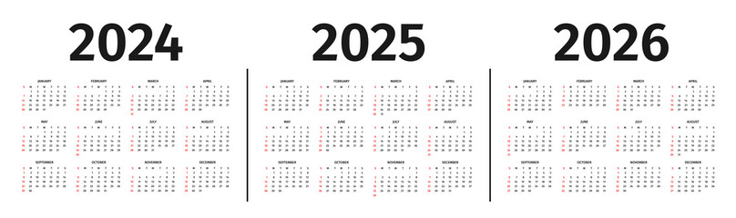 Calendar for 2024, 2025 and 2026 year. Calendar template, layout in black and white colors. Annual 2024, 2025 and 2026 calendar mockup on white background. Week starts on Sunday. Vector