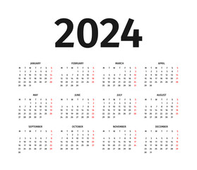 Calendar for 2024 year. Calendar template, layout in black and white colors. Annual 2024 calendar mockup on white background. Week starts on Monday. Vector