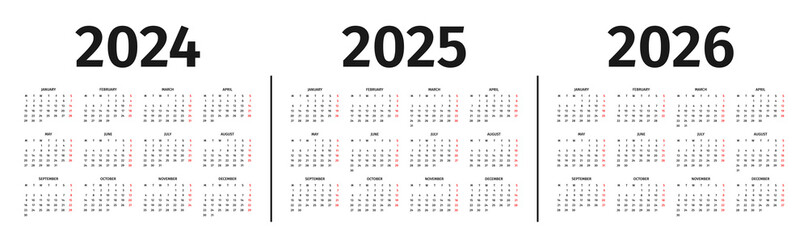 Calendar for 2024, 2025 and 2026 year. Calendar template, layout in black and white colors. Annual 2024, 2025 and 2026 calendar mockup on white background. Week starts on Monday. Vector