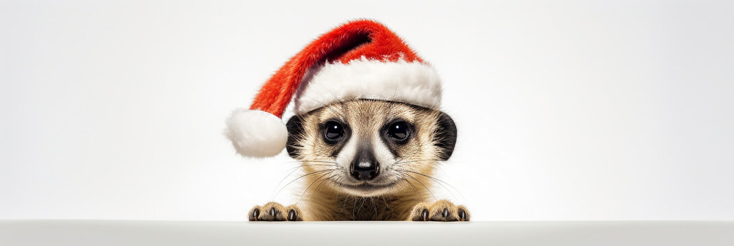 Closeup portrait of adorable meerkat pup with christmas hat isolated on white background. Ideal as web banner or in social media, copy space for text