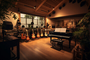 Fototapeta na wymiar A Musician’s Dream Studio with guitars piano and a lot of recording equipment
