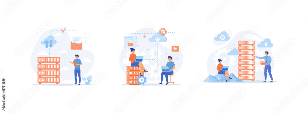Poster cloud computing, data storage and backup, online database storage technology. cloud computing set fl