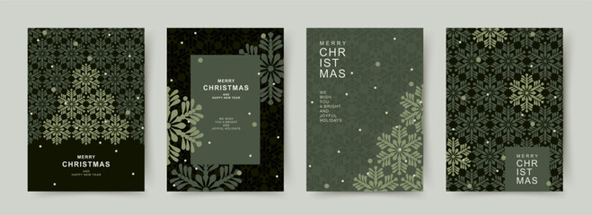 Christmas cards in minimalist geometric Scandinavian style. Xmas backgrounds with snowflake patterns. Holiday templates for banner, invitation, poster, advertising, social media. Vector illustration