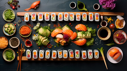pattern knolling of sushi and ordered ingredients in kitchen table - obrazy, fototapety, plakaty