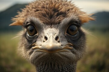 Close-up portrait of an ostrich outdoors. Agriculture, zoo, farm concepts.