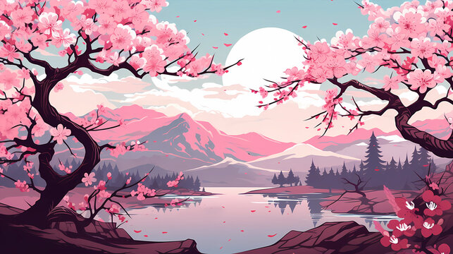 Hand drawn cartoon beautiful cherry blossom illustration in spring

