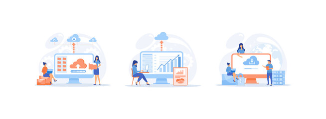  Cloud server storage, business technology cloud computing service, online database. Could Computing set flat vector modern illustration 