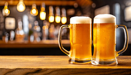 Deux chopes de bière blonde, très fraiches sur un arrière-plan de bar - obrazy, fototapety, plakaty