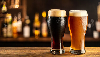 Une pinte de bière brune et une pinte de bière blonde, très fraiches sur un arrière-plan de bar - obrazy, fototapety, plakaty