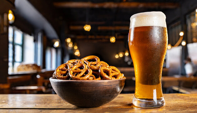 Une pinte de bi&egrave;re blonde, tr&egrave;s fraiche sur un comptoir de pub avec un bol de bretzels