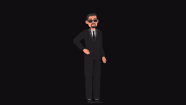 High resolution 2d cartoon male character in black suit talking on alpha channel background in seamless loop.