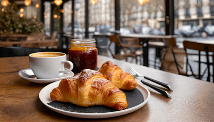 Petit déjeuner continental sur une terrasse de bistro parisien. - obrazy, fototapety, plakaty