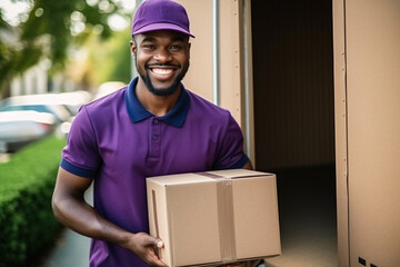 Delivery courier service. Delivery man in purple uniform holding a cardboard box near a van truck delivering to customer home. Smiling man postal delivery man delivering a package. Generative AI.