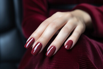 Woman hand with burgundy color nail polish on her fingernails. Burgundy nail manicure with gel polish at luxury beauty salon. Nail art and design. Female hand model. French manicure. Generative AI. - obrazy, fototapety, plakaty