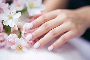 Obraz na płótnie Canvas Woman hand with white nail polish on her fingernails. White color nail manicure with gel polish at luxury beauty salon. Nail art and design. Female hand model. French manicure. Hand spa. Generative AI