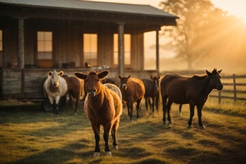 Pets on the farm at sunset. Pets, agriculture, barn concepts.