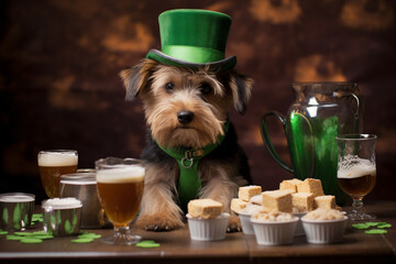 The cute dog is wearing a green top hat and sitting next to lots of treats and drinks. Concept for Saint Patrick's Day celebration.