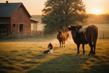 Cows and bulls, a dog on a farm at sunset. Pets, agriculture, barn concepts.