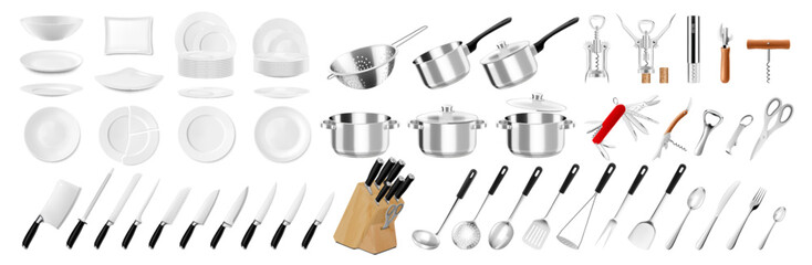Kitchenware and tableware, Kitchen utensils, tools, equipment and cutlery for cooking. Plates, pots, pans, ladle, skimmer, forks, spoons. Corkscrews, colander, knives saucepans. Realistic 3d vector - obrazy, fototapety, plakaty