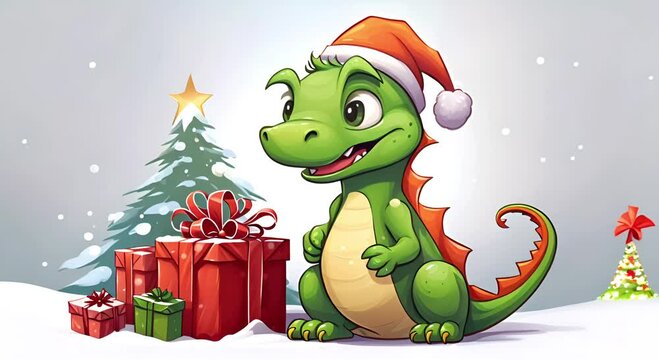  Cartoon dragon with a Santa hat, the dragon green  holds a red gift and sits beside a Christmas tree. Animation.