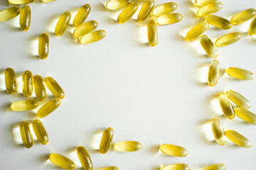 Close up of capsules Omega 3. Health care concept. Medical pill or vitamin's capsule pattern. Medicine, healthcare or pharmacy concept.