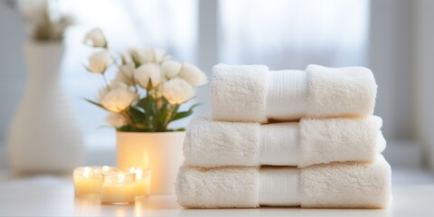 Fototapeta na wymiar White clean towels in the bathroom close-up