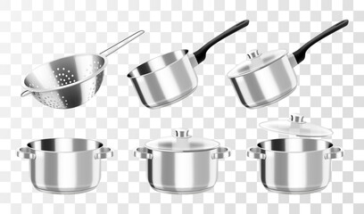 Kitchenware, vector cooking set. Cookware pots or saucepan, and stew pan with lids, ladle and metallic colander for cooking. Isolated on transparent background. Realistic 3d vector illustration - obrazy, fototapety, plakaty