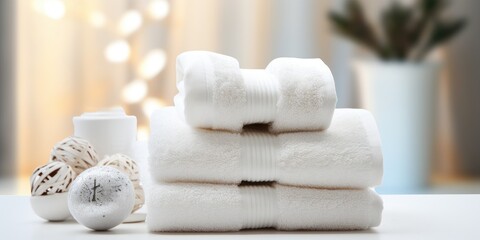 Fototapeta na wymiar White clean towels in the bathroom close-up. Generative AI