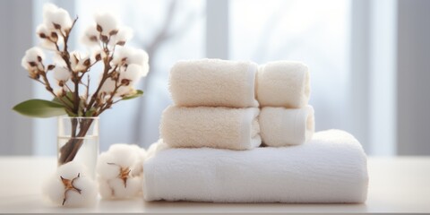 Fototapeta na wymiar A set of white towels close-up on a shelf in the bathroom. Generative AI
