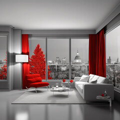 Realistic illustration of a modern elegant apartment in monochrome colors, and a beautiful Christmas tree. Large windows with a beautiful view.