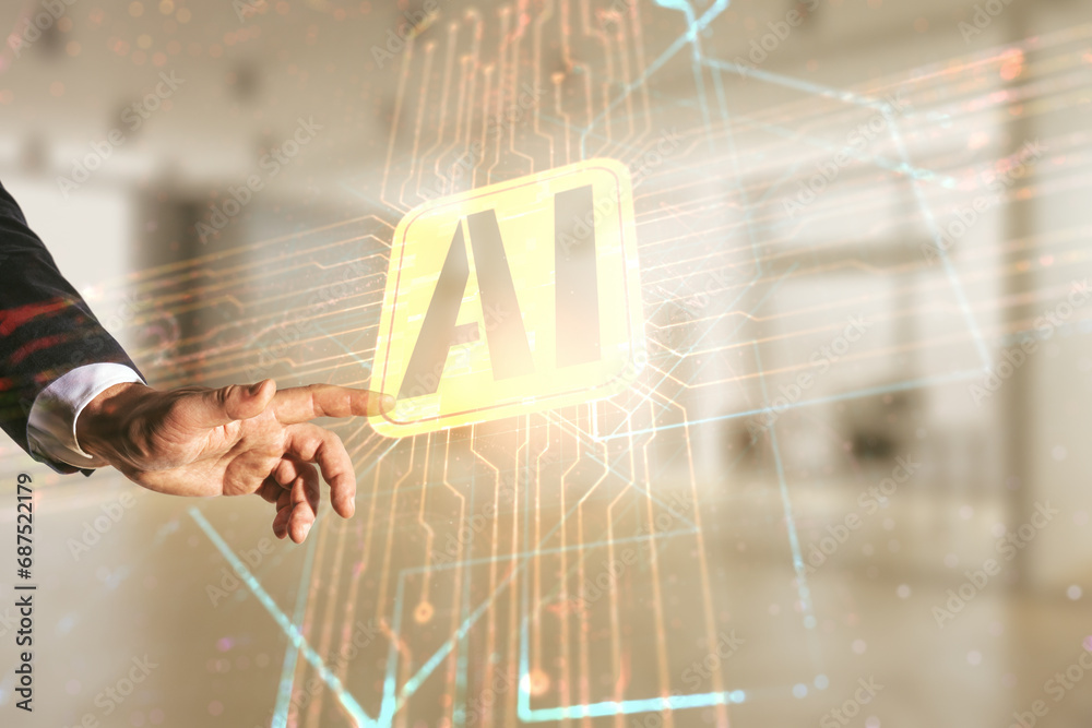 Poster double exposure of man hand presses on creative artificial intelligence icon on blurred office backg