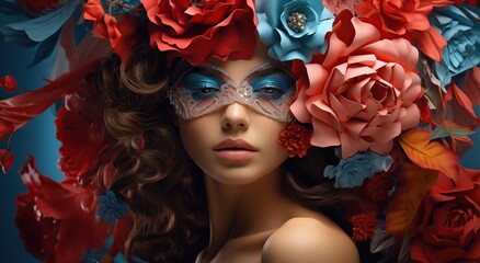 Obraz premium Woman model among flowers made of cut paper.