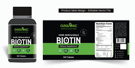 Biotin supplement label design multivitamin capsule label packaging design food vitamin supplement tablets sticker, high quality print ready editable vector file - obrazy, fototapety, plakaty