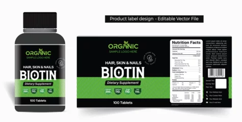 Poster Biotin supplement label design multivitamin capsule label packaging design food vitamin supplement tablets sticker, high quality print ready editable vector file © V.S.