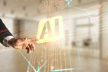 Double exposure of man hand presses on creative artificial Intelligence icon on blurred office...