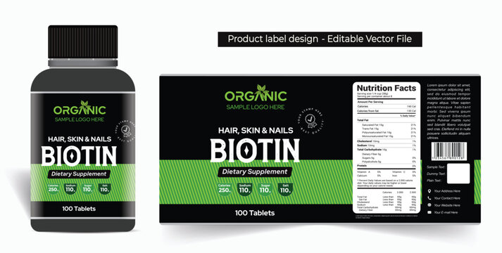 Biotin supplement label design multivitamin capsule label packaging design food vitamin supplement tablets sticker, high quality print ready editable vector file