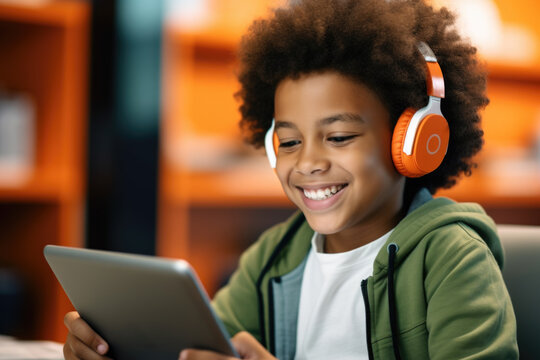 Boy with headphones uses a tablet. The concept is digital learning.
