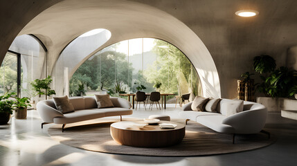 beautiful architectural home made of inflatable concrete. Large arched entrance ways. Polished concrete walls and floors