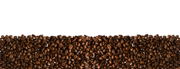 Roasted coffee beans, png, isolated on transparent background. Top view of coffee. Copy space for text. Border.