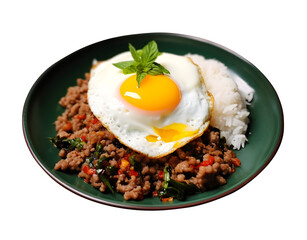 Holy basil rice and fried egg, Minced pork with basil, PNG file, isolated background.