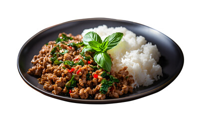 Holy basil rice and fried egg, Minced pork with basil, PNG file, isolated background. - obrazy, fototapety, plakaty