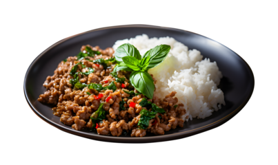 Holy basil rice, Minced pork with basil, PNG file, isolated background.