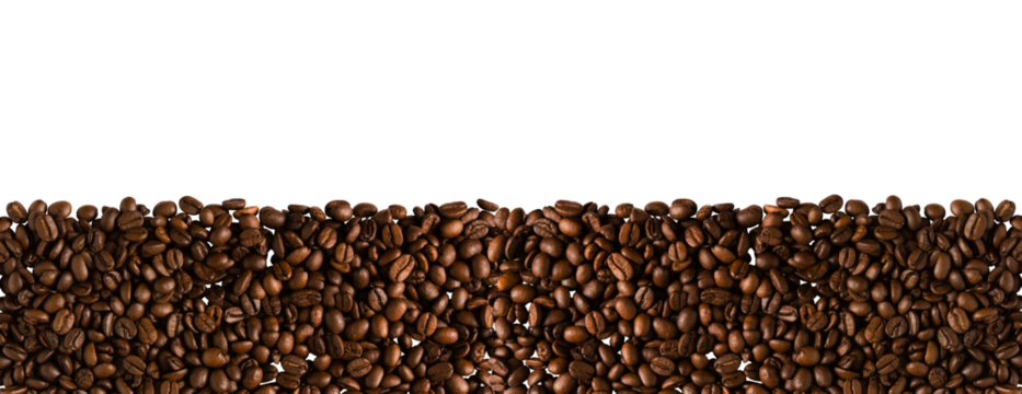 Roasted coffee beans, png, isolated on transparent background. Top view of coffee. Copy space for text. Border.