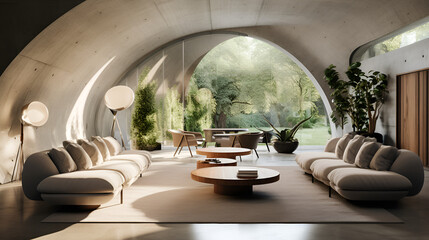 beautiful architectural home made of inflatable concrete. Large arched entrance ways. Polished concrete walls and floors - obrazy, fototapety, plakaty