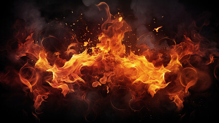 Fototapeta na wymiar Intense Burning Flames on a Dark Background: Abstract Fiery Glow and Radiant Heat - Perfect for Dramatic Concepts, Wildfire Themes, and Dynamic Heatwave Designs.