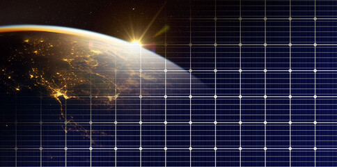 solar panels surface and world map. global planet. electricity. power supply. renewable energy...
