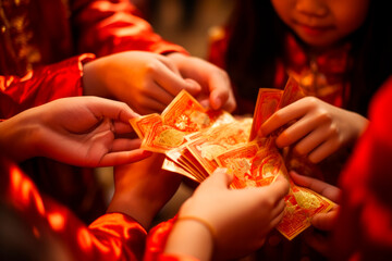 Magical moment of children receiving red envelopes, symbolizing good luck and prosperity for the year ahead