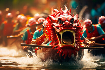Dragon boat race, where teams paddle vigorously to the beat of drums, showcasing teamwork and courage - Powered by Adobe